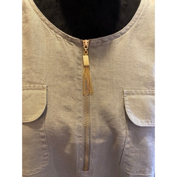 Ellen Tracy Blouse 100% Linen Sz Large Gray Green Top Tunic Front Pockets Hi Low - Picture 3 of 11